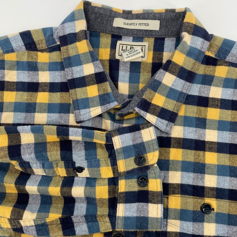 L.L Bean Men's XXL Reg Slightly Fitted Flannel Shirt Yellow Blue Plaid 502830